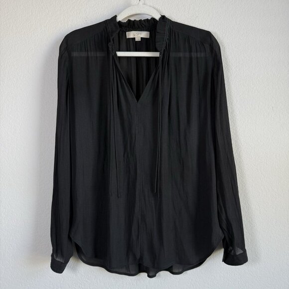 Loft Women's Small‎ Sheer Long Sleeve Smocked Tie Neck Blouse Black Casual - Picture 7 of 14